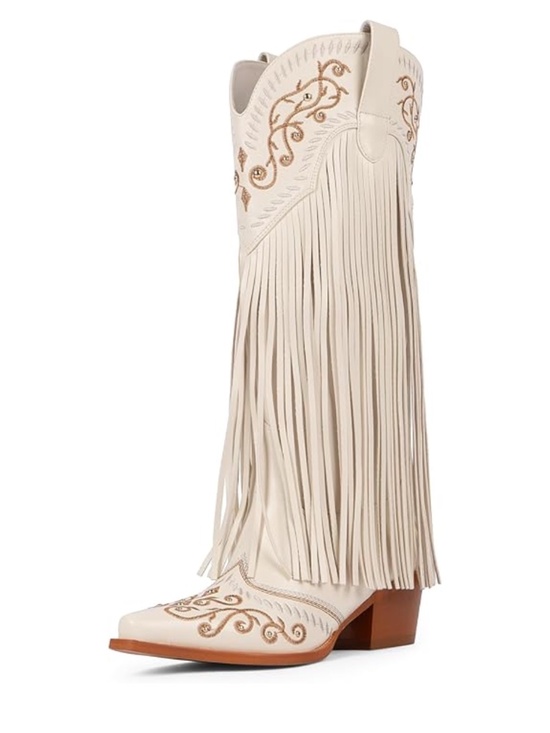 Shoes - White Fringe Cowboy Boots Size 9 Embroidered Knee High Western Cowgirl